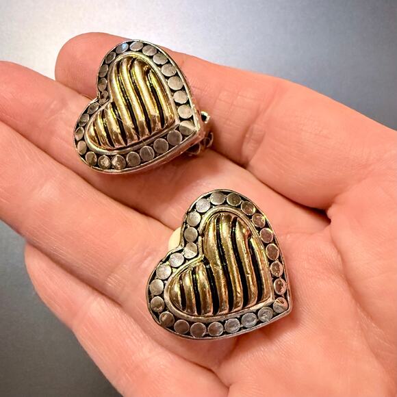 Vintage Brutalist Gold Silver Heart Clip On Earrings - Picture 3 of 6